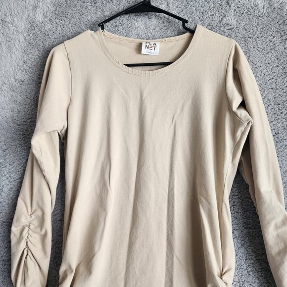 PLANET BY LAUREN G WOMENS TOP SIZE 1 (4/8) SAND COTTON LYCRA LONG SLEEVE RUCHE - Picture 3 of 10